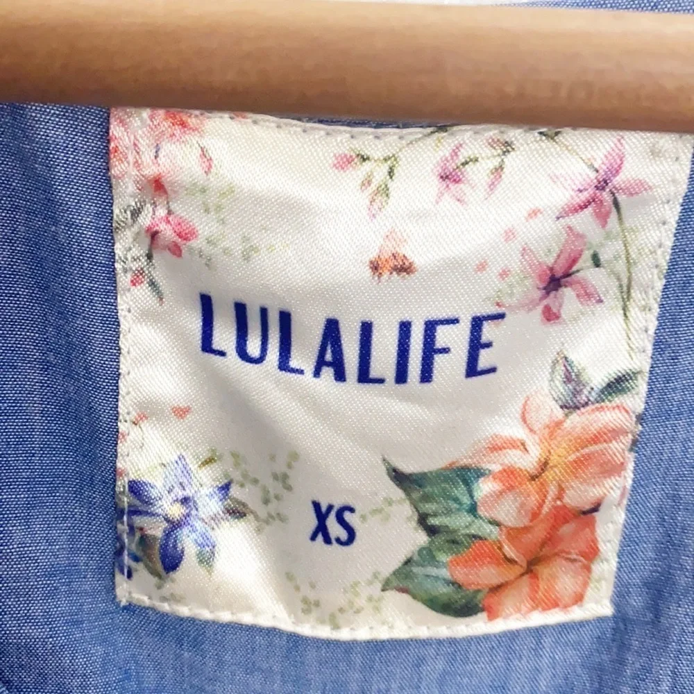 Lulalife Cotton Blue Colorful Embroidered Mini Short Sleeve Summer Dress - Picture 5 of 11